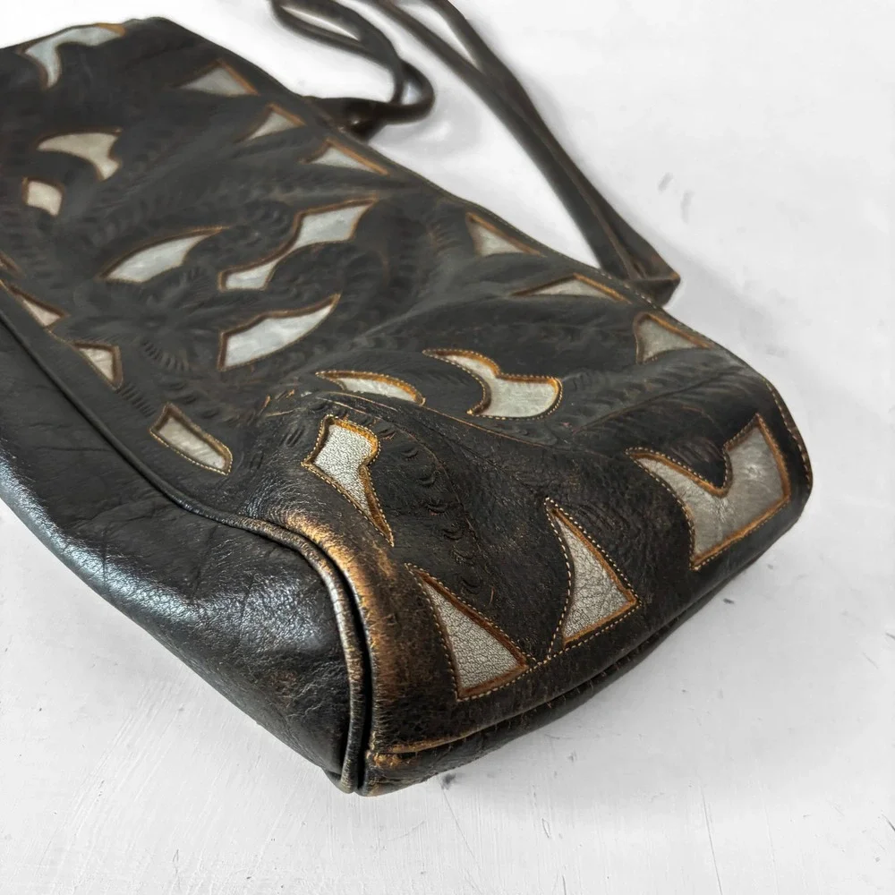 Leaders in Leather Western Tooled Shoulder Bag Dark Brown Floral Tote Handbag